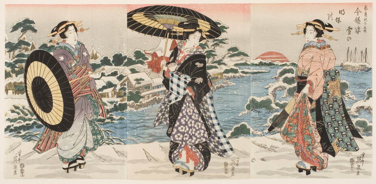 Moderna figurer i gryningen på en snöig dag (Imayō sugata yuki no akebono) av Keisai (1790 1848) Eisen