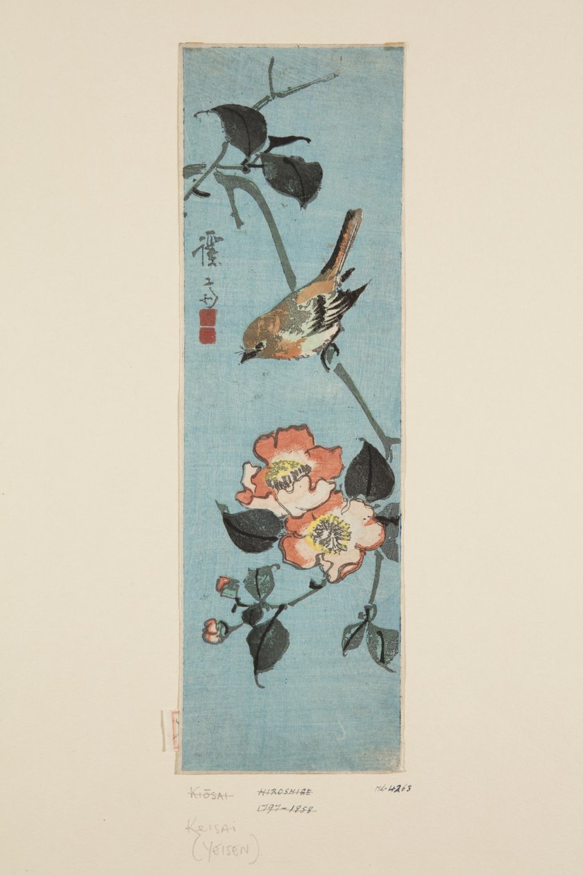 Sparrow and Camellia (träblock i färg) av Keisai Eisen