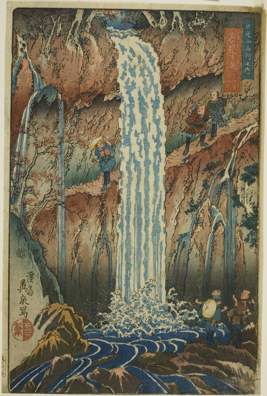 Backward-viewing Falls, ett av de tre vattenfallen (Urami-ga-taki, santaki no sono ikkei), från serien "Berömda natursköna platser i bergen i Nikko (Nikkosan meisho no uchi)" av Keisai Eisen