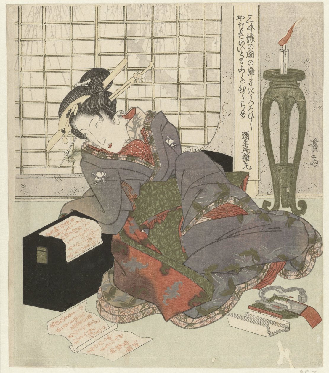En geisha lutar sig mot sin shamisens låda av Keisai Eisen