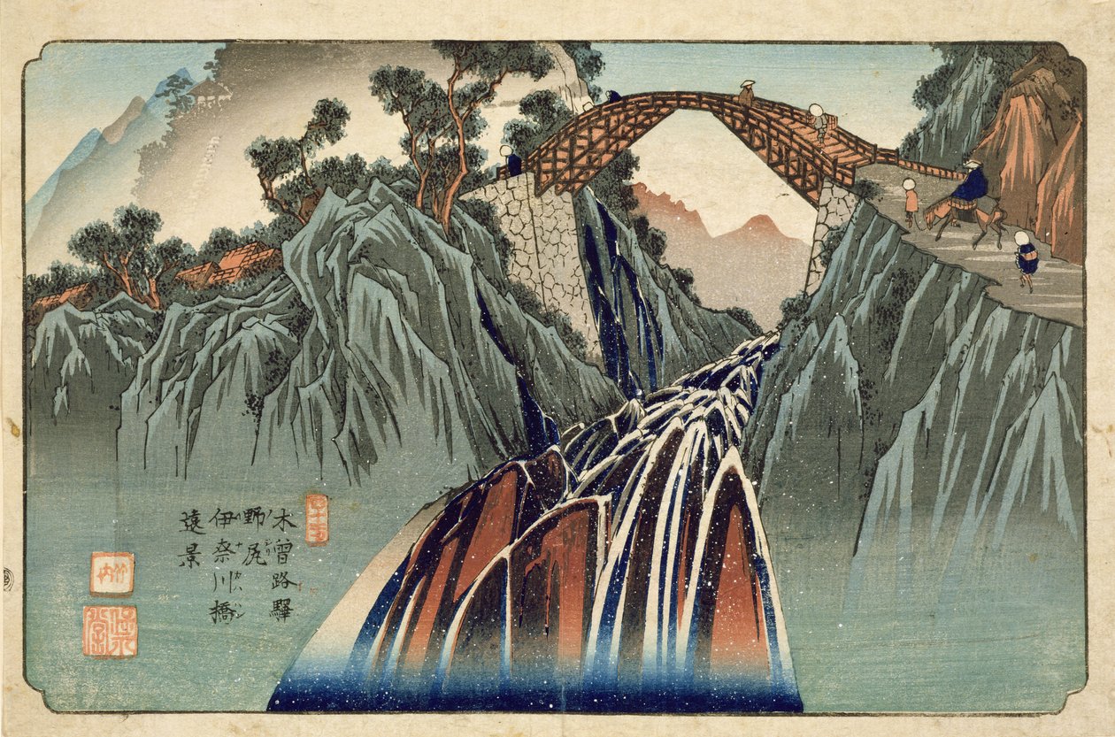 Inagawa-bron i Nojiri (Nojiri Inagawa bashi Enkei) utgiven av Hoeido och Kinjudo, slutet av 1830-talet (handkolorerat träsnitt) av Keisai Eisen