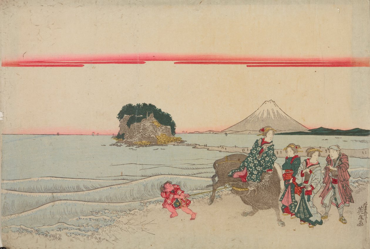 Kvinna på en buffel, barn och tre förbipasserande vid havet med ön Enoshima i bakgrunden av Keisai Eisen