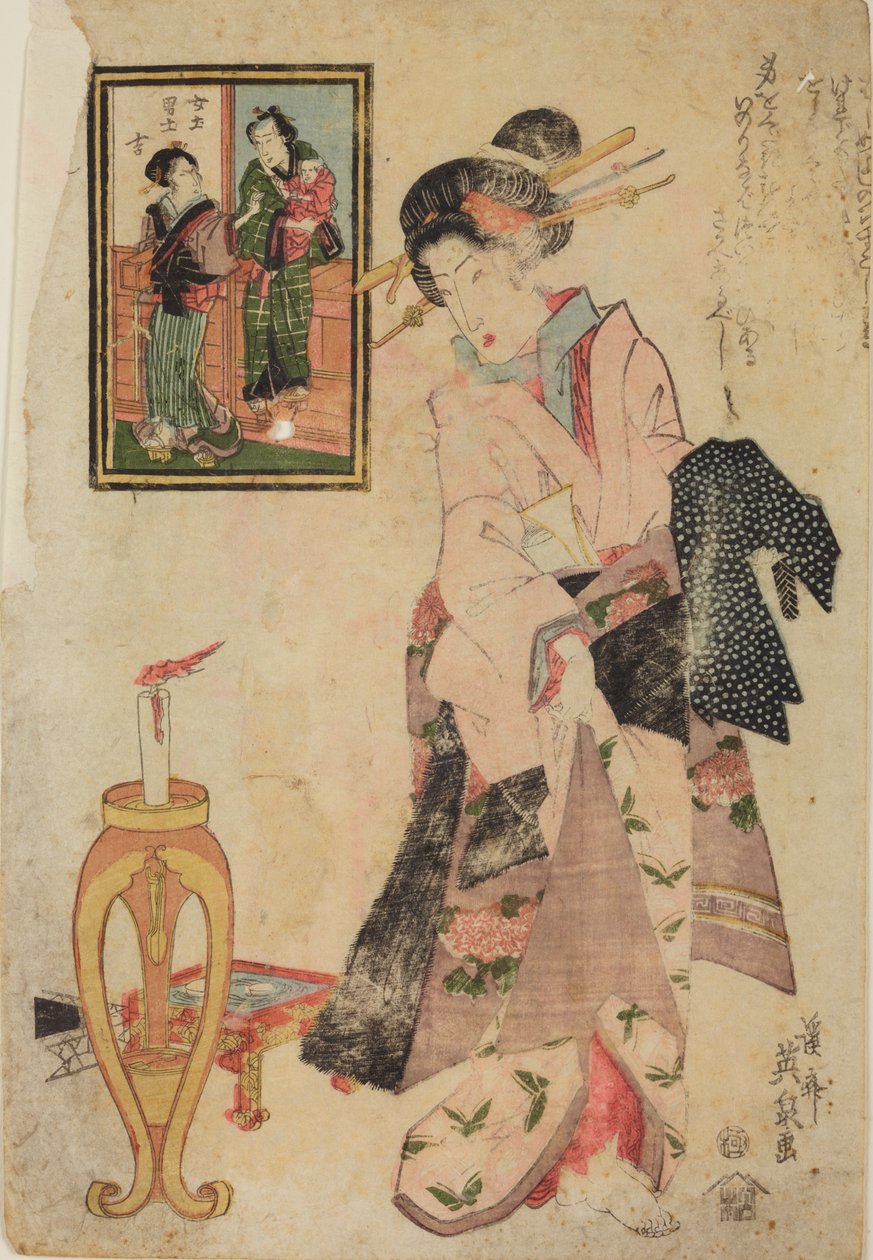 Kvinna bredvid en ljusstake med ett brinnande ljus av Keisai Eisen