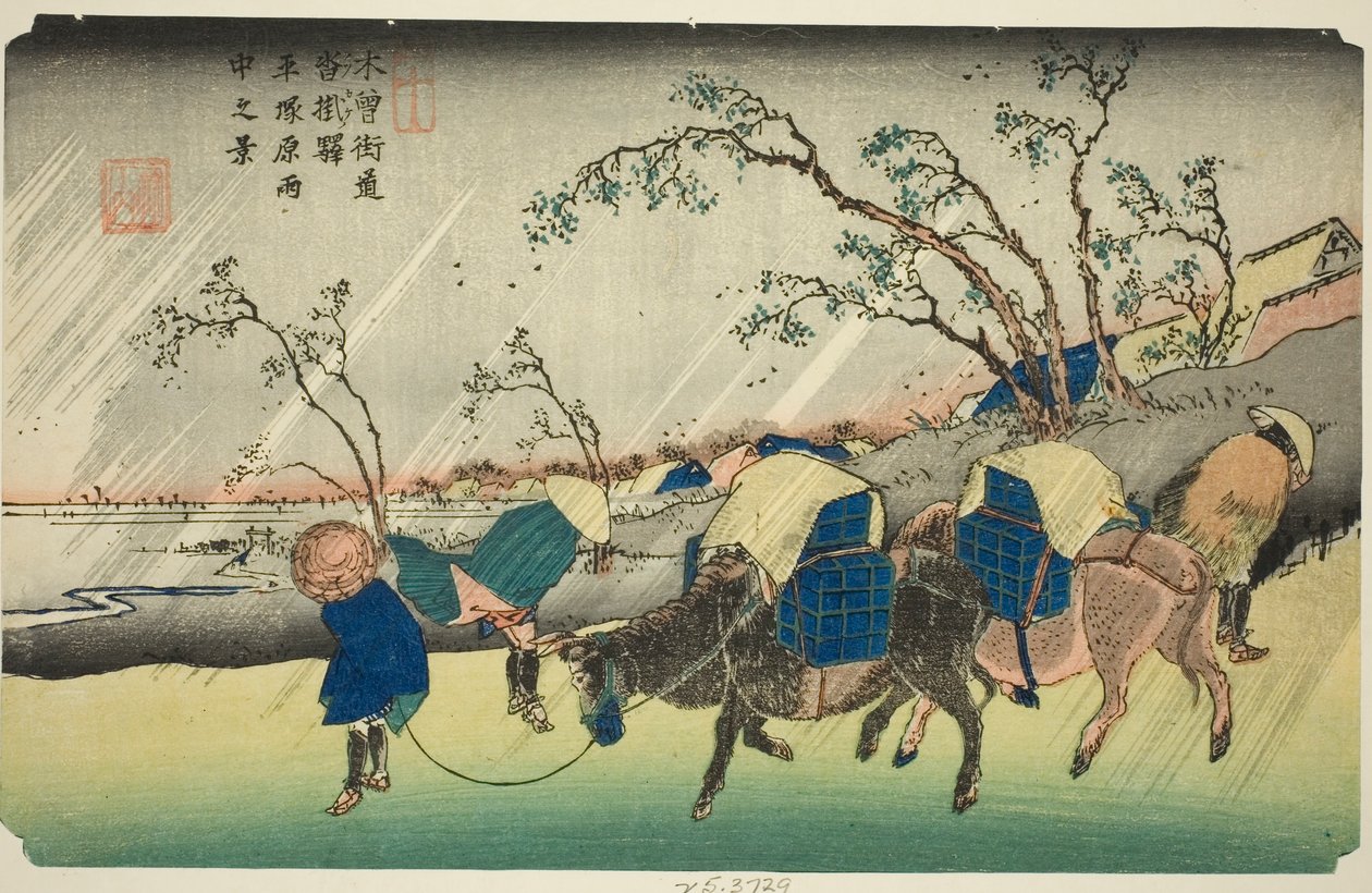 Nr 20: Regn på Hiratsuka-slätten nära Kutsukake Station (Niju: Kutsukake no eki, Hiratsukahara uchu no kei), från serien "[Sixty-nine Stations of the] Kisokaido" av Keisai Eisen