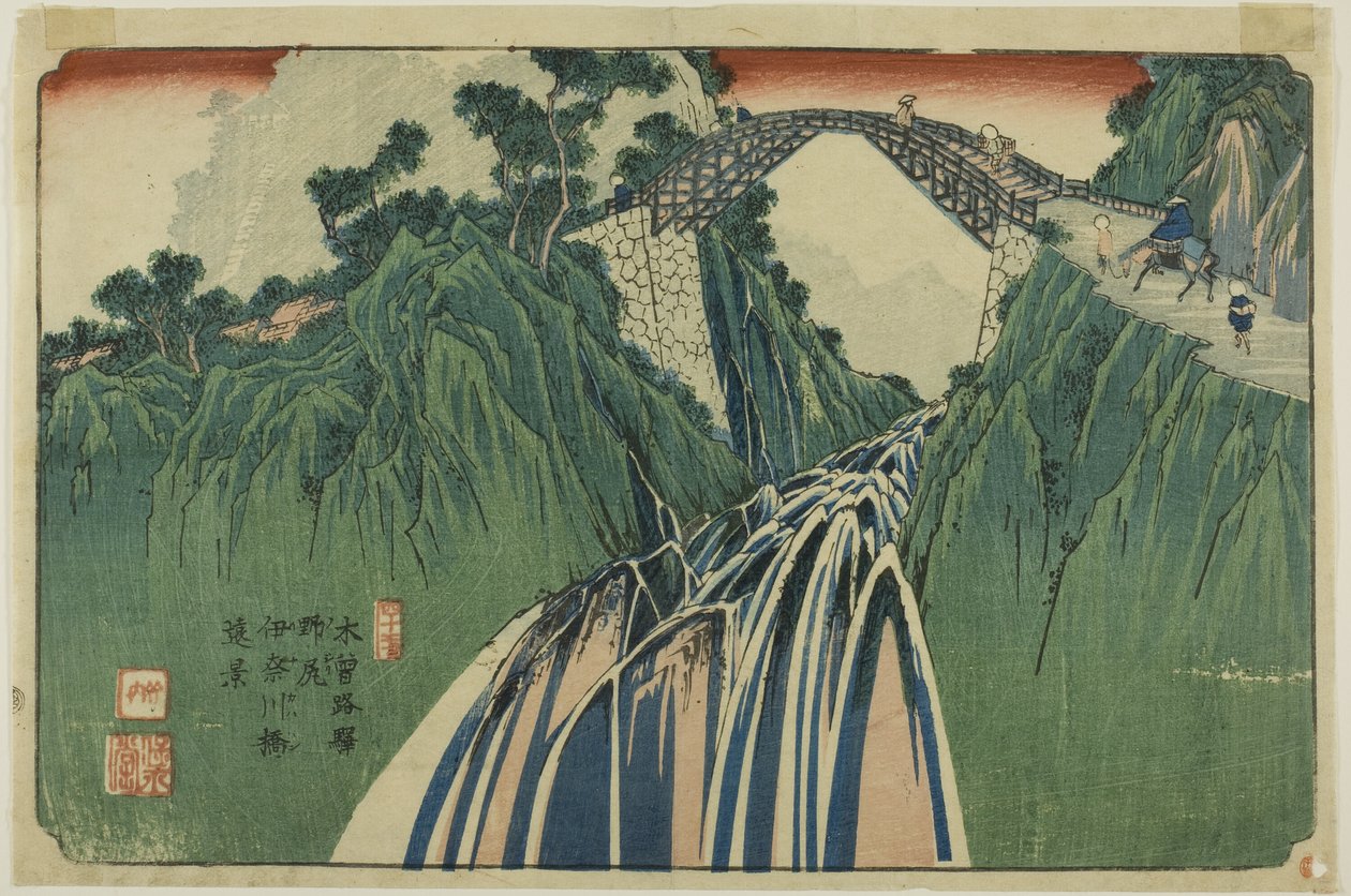 Nr 41: Fjärran vy över bron över floden Ina vid Nojiri (Yonjuichi: Noriji Inagawabashi enkei), från serien "[Sextionio stationer på] Kisokaido" av Keisai Eisen