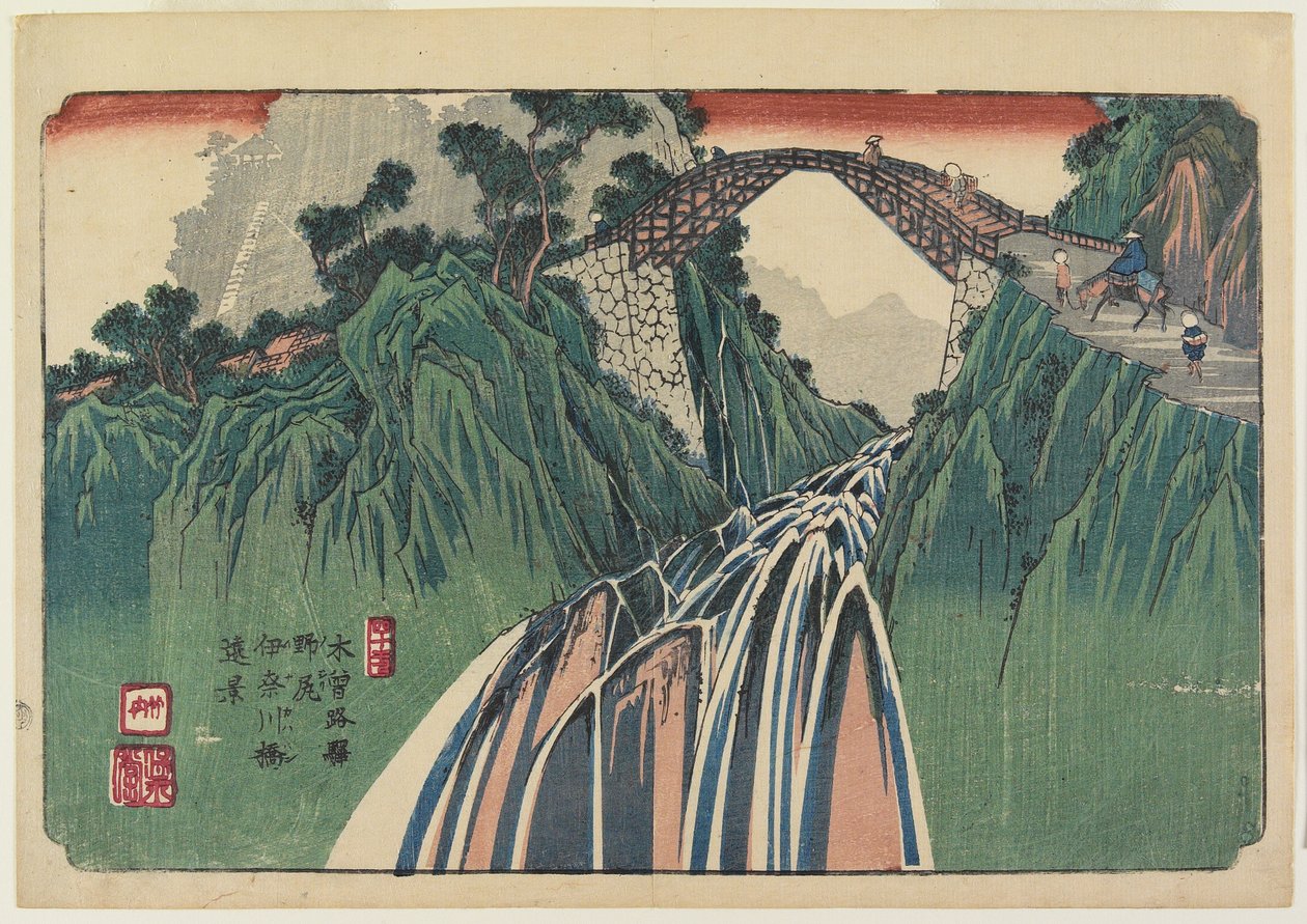 Nr. 41, Nojiri: Avlägsen utsikt över Ina River Bridge, 1835-38 av Keisai Eisen