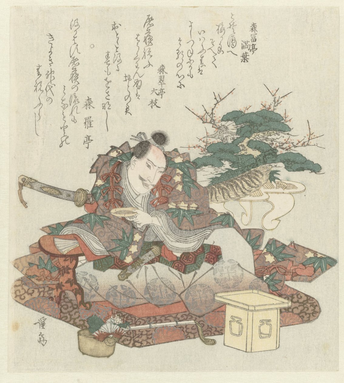 Samurai med sakeskål i handen av Keisai Eisen