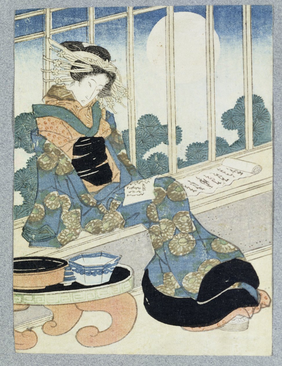 Japanese Lady Reading by Moonlight (träblocktryck) av Keisai Yeisen