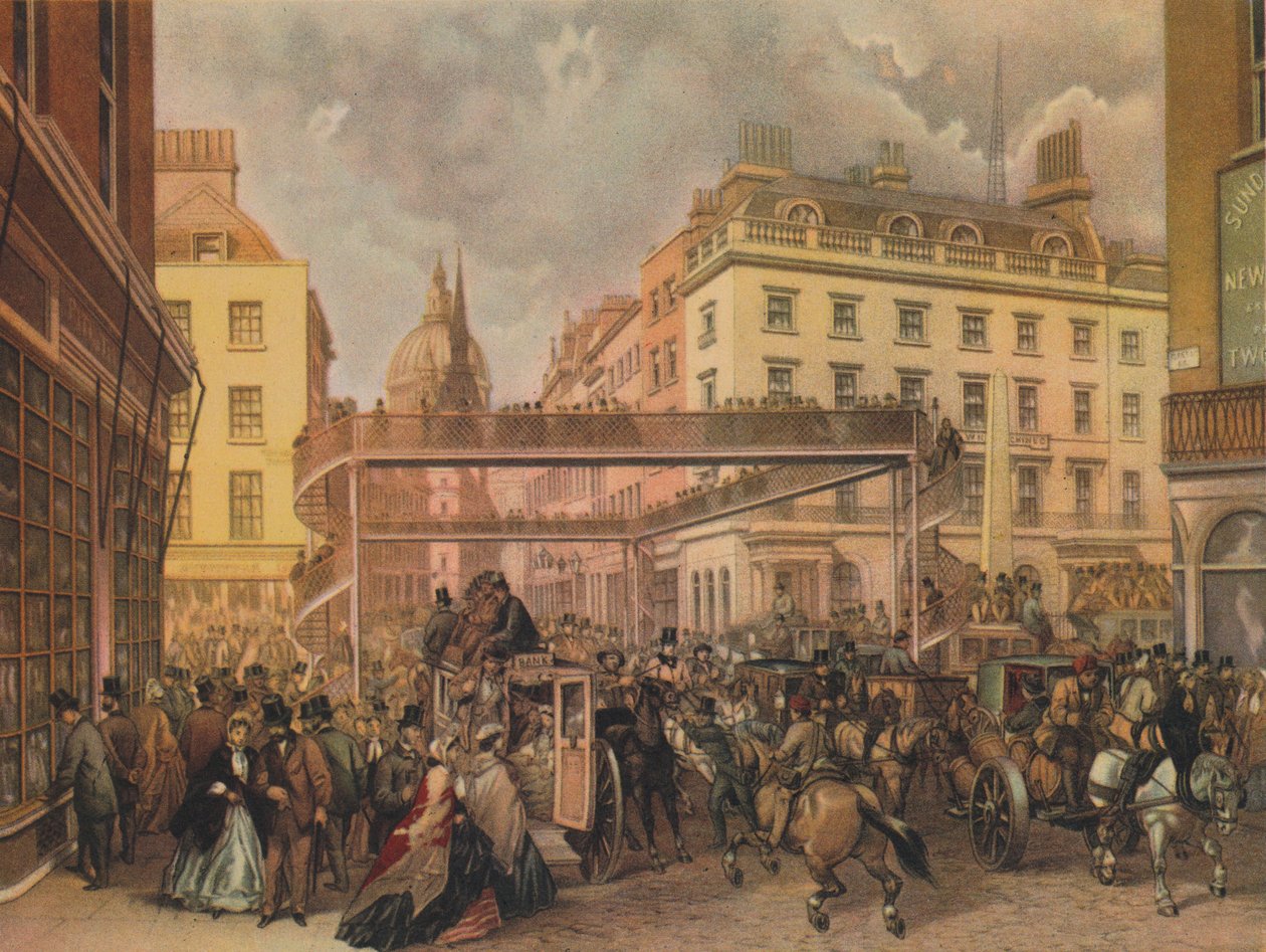 Design för en ny gångbro vid korsningen av Ludgate Hill och Fleet Street, City of London, 1862. av Kell Brothers