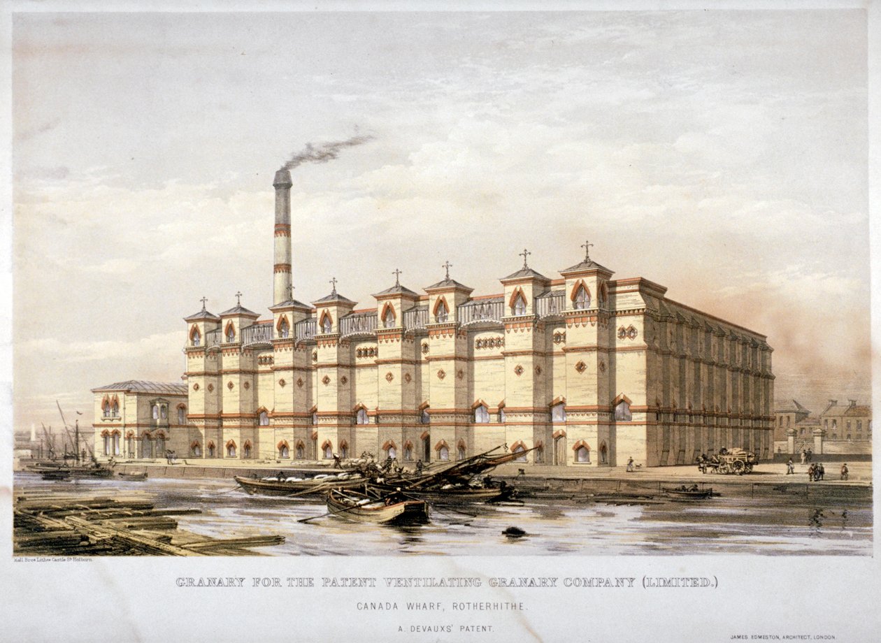 Spannmålsmagasin på Canada Wharf, Rotherhithe, London, c1860 av Kell Brothers