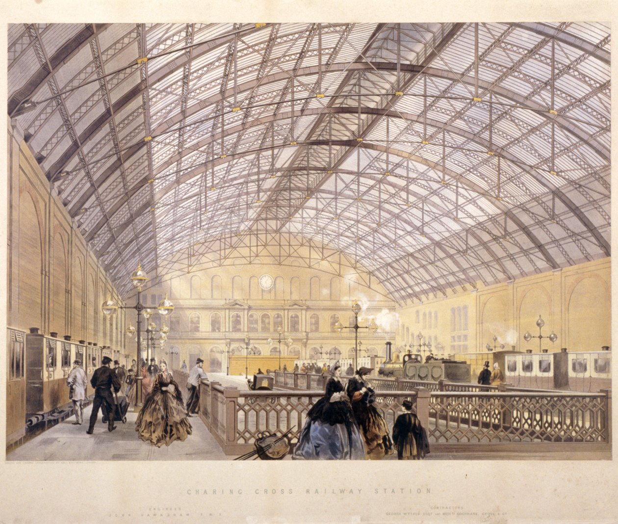 Interiör av Charing Cross Station som visar tåg och järntaket, London, c1890 av Kell Brothers