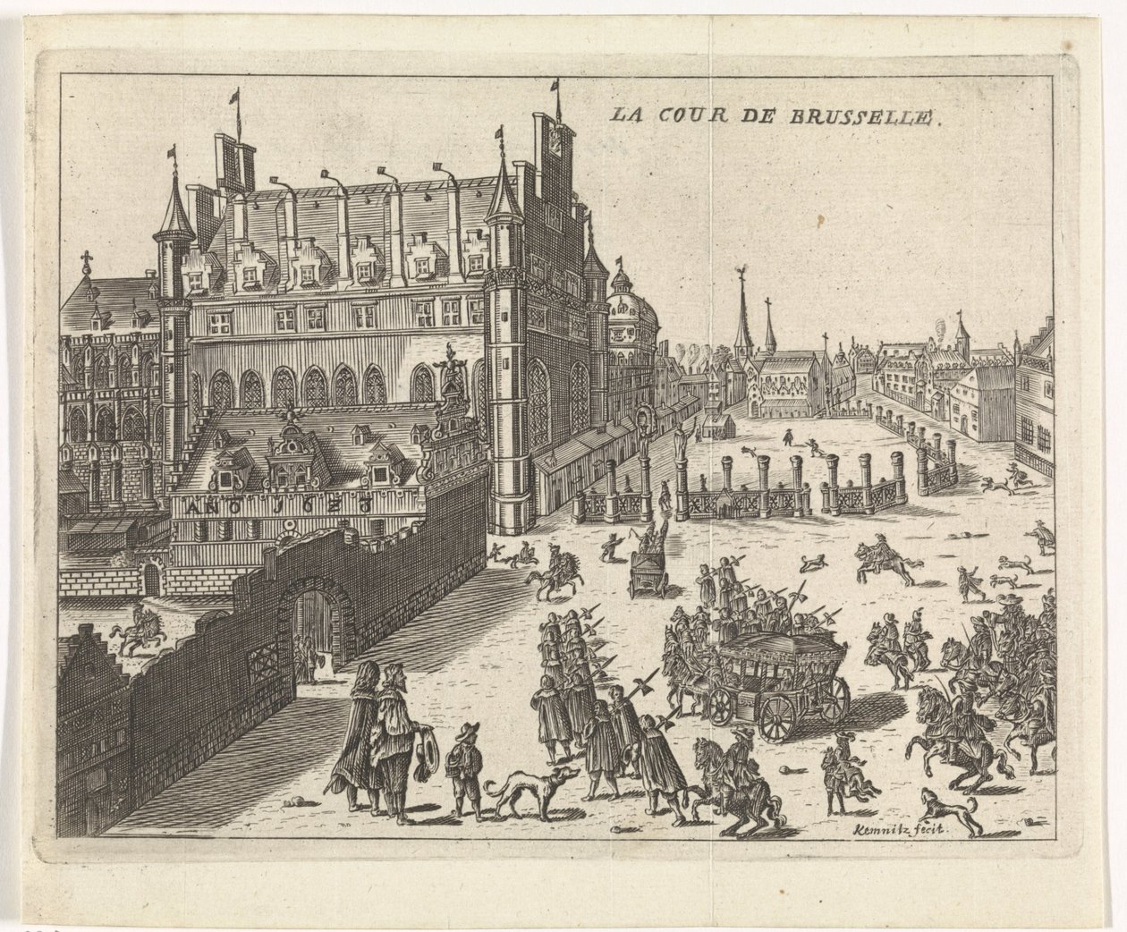 Utsikt över hovet i Bryssel, 1673. La cour de Brusselle (titel på objekt) av Kemnitz