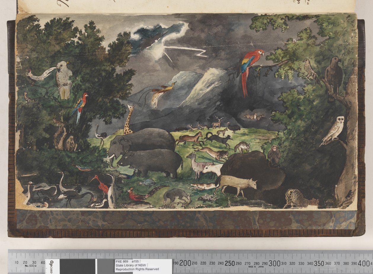 Frontispice: Untitled, Peaceable Kingdom, landskap med fåglar och djur av Kenelm Henry Digby