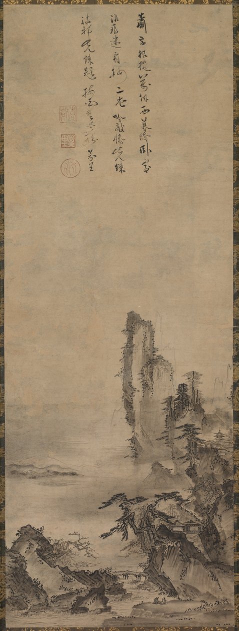 Ensamt tempel och höga klippa, ca. 1480. av Kenkō Shōkei
