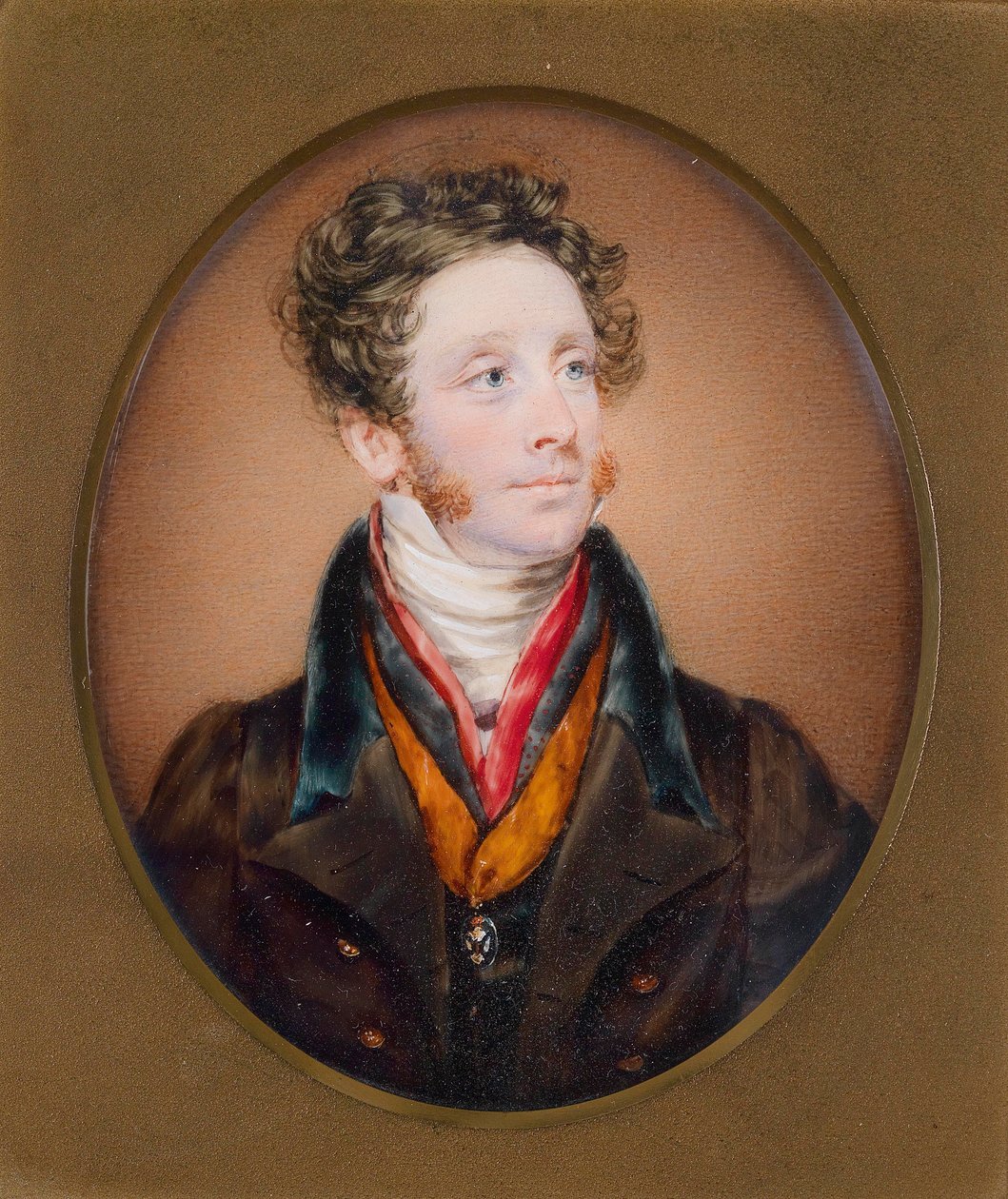 Porträtt av Earl of Mar, Earl of Kellie i en brun kjol av Kenneth Macleay