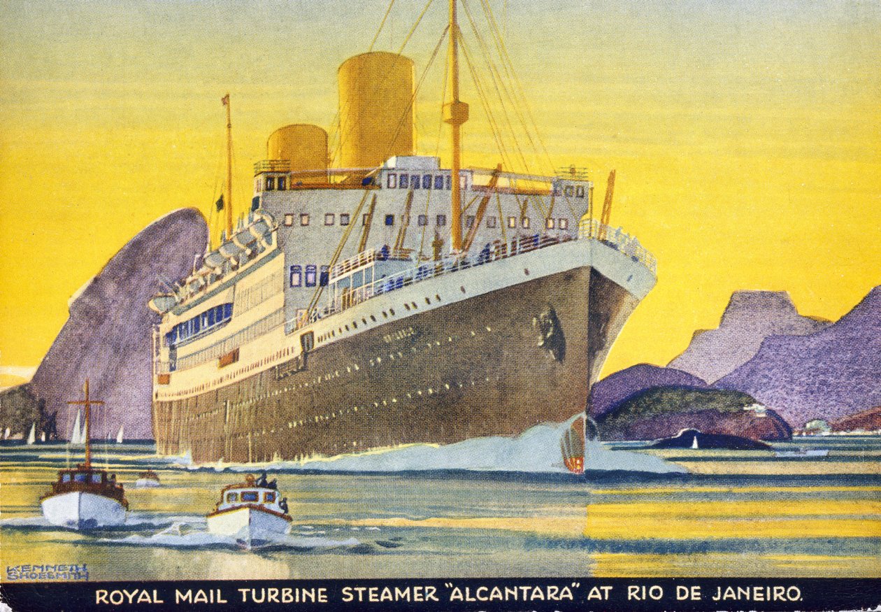 Vykort som visar Royal Mail Turbine Steamer "Alcantara" i Rio de Janeiro, 1930-talet. av Kenneth Shoesmith