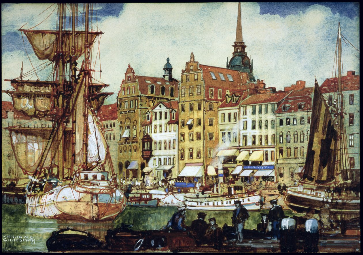 Utsikt över Stockholm, ca 1920-talet (penna och bläck och wc på papper ombord) av Kenneth Shoesmith