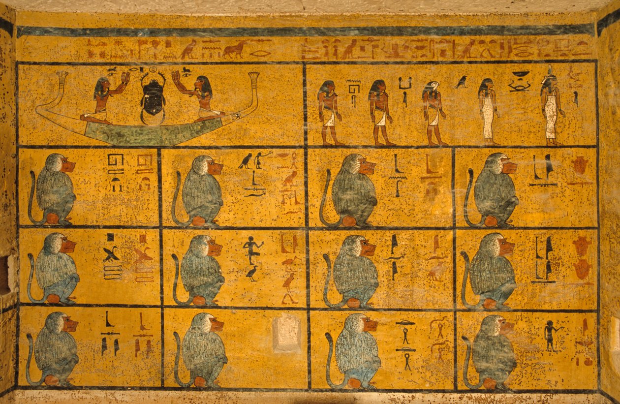 Babianer, väggmålning i Tutankhamuns grav; KV52, Konungarnas dal, Thebe..., 2003 (foto) av Kenneth Garrett