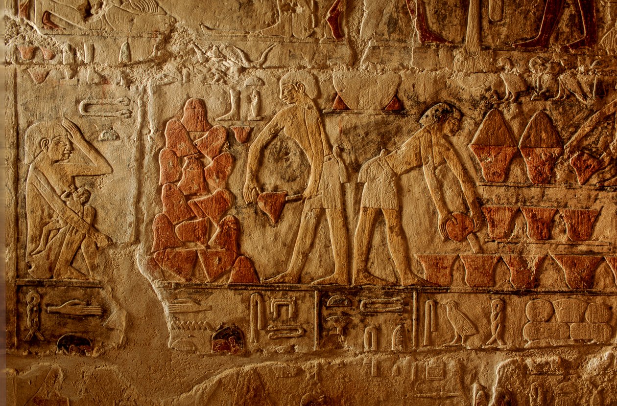 Egyptens gamla kungarike; Egypten; Sakkarra, två bröders grav, brödbakning, stackvärme... av Kenneth Garrett