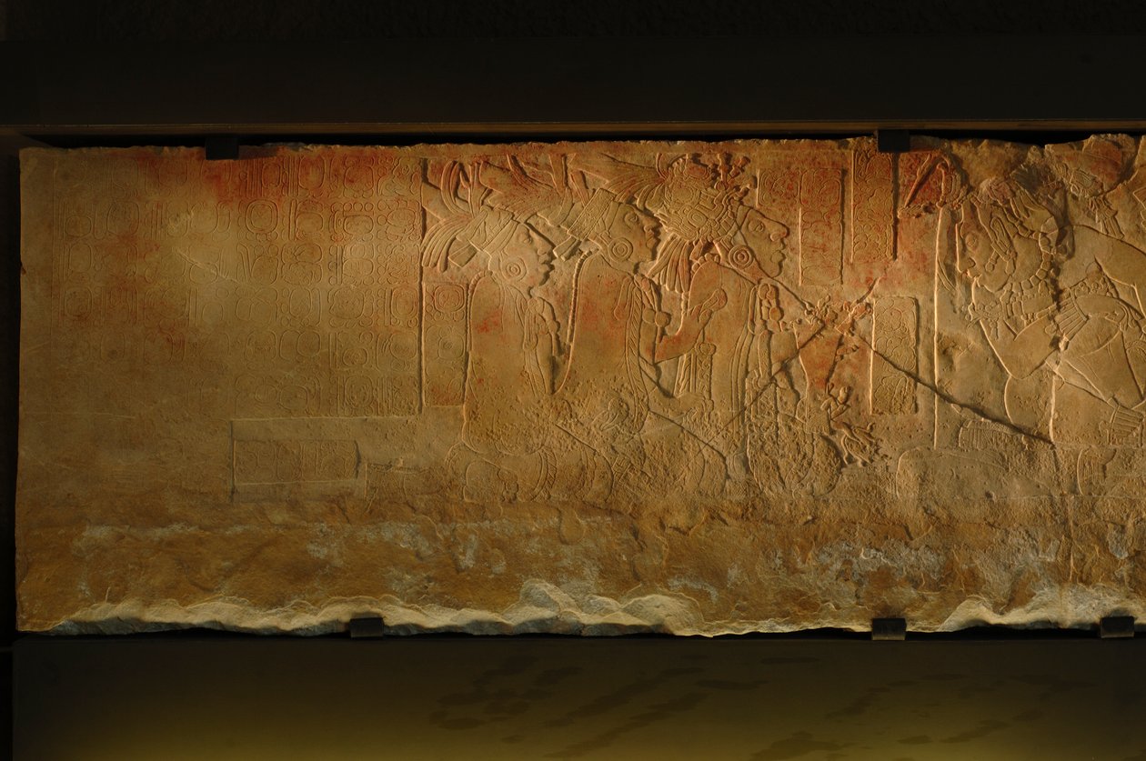 Tempel 19, tronbänk, Palenque, Mexiko, snidning av Akhal Mo Nab, 2005 (foto) av Kenneth Garrett