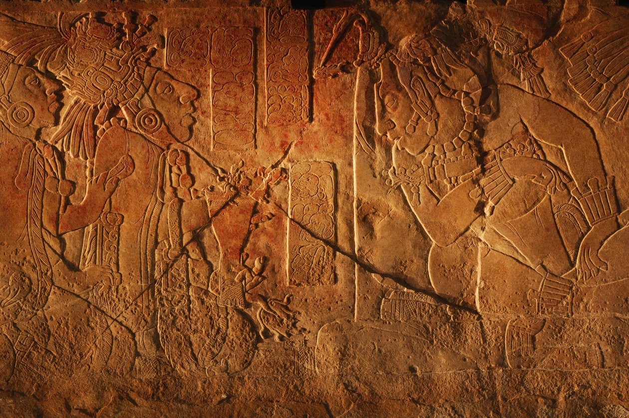 Tempel 19, tronbänk, Palenque, Mexiko, snidning av Akhal Mo Nab, 2005 (foto) av Kenneth Garrett