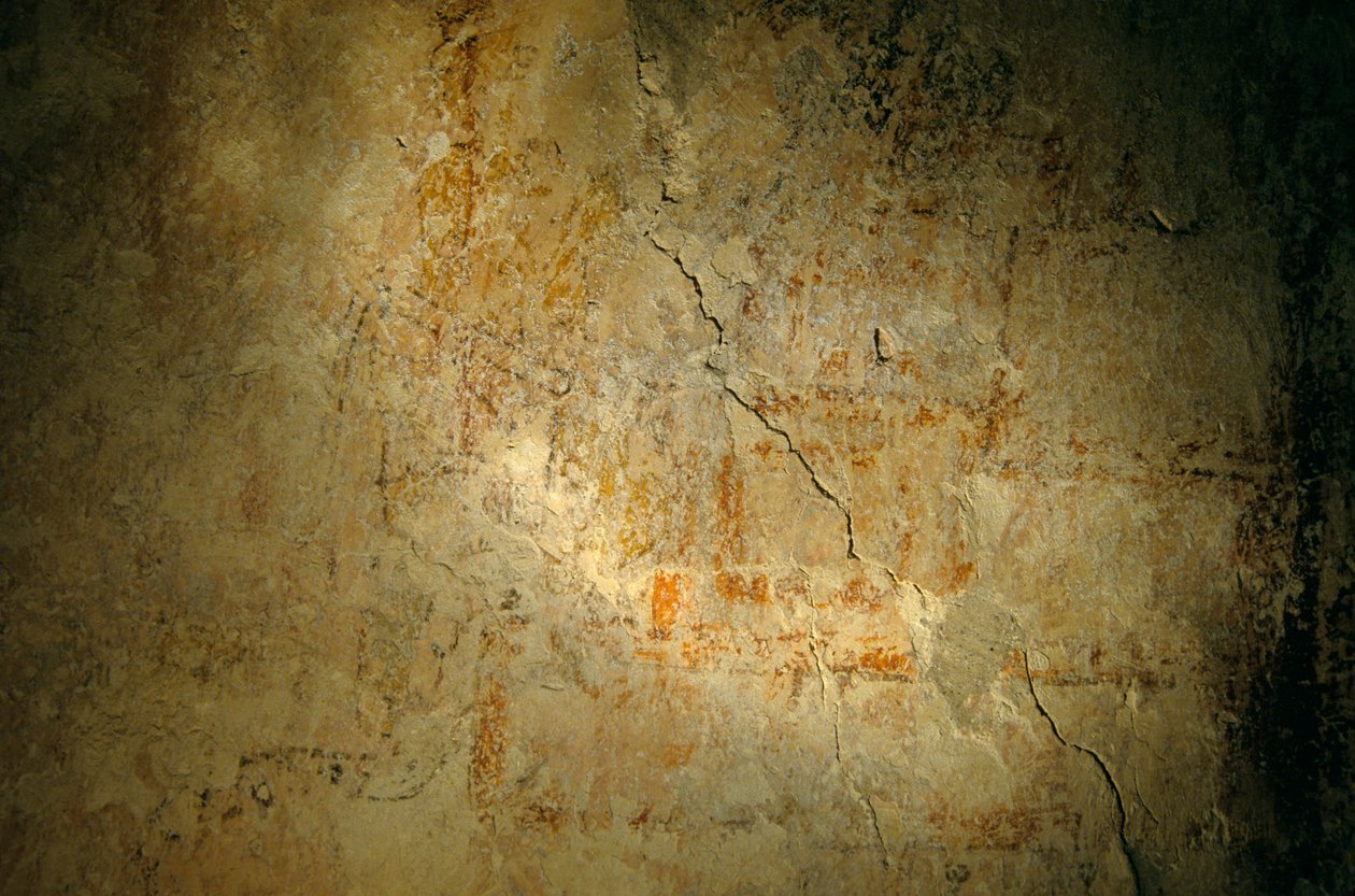 Krigare från Teotihuacan, väggmålning, Holmul, Guatemala, Maya, Francisco Estradabelli, Sufricaya, 2008 (foto) av Kenneth Garrett