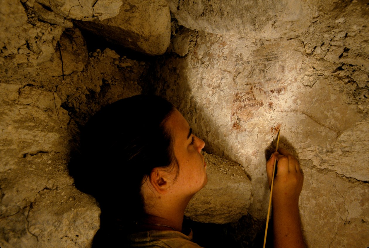 Krigare från Teotihuacan, väggmålning, Sufricaya, Holmul, Guatemala, Maya, Francisco Estradabelli, 2008 (foto) av Kenneth Garrett