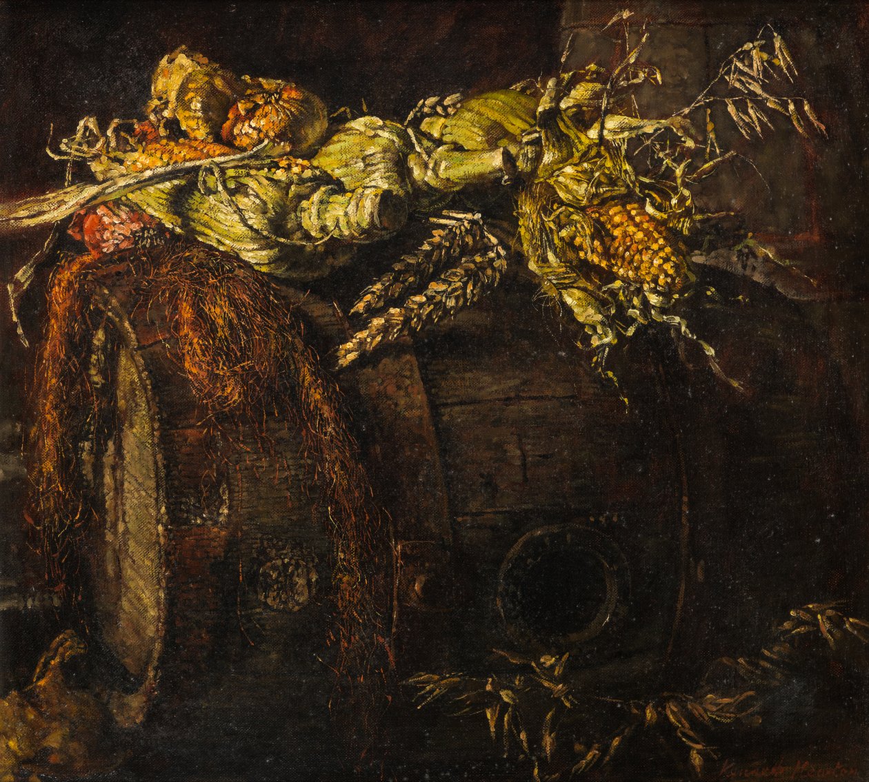 Old Barrel and Cobs of Corn (olja på duk) av Kenneth Newton