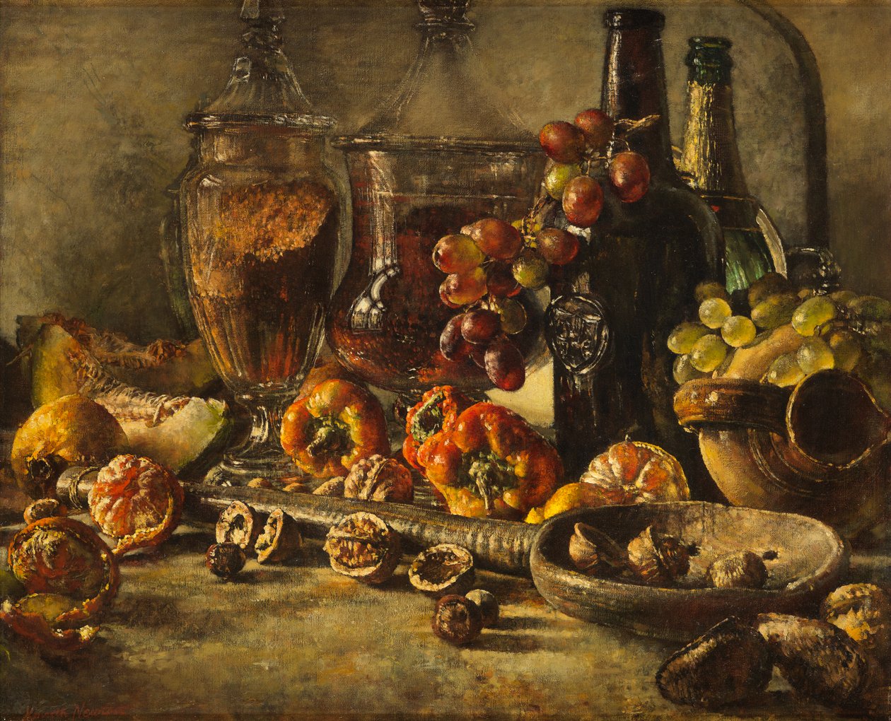Stilleben med frukt, nötter och flaskor (olja på duk) av Kenneth Newton