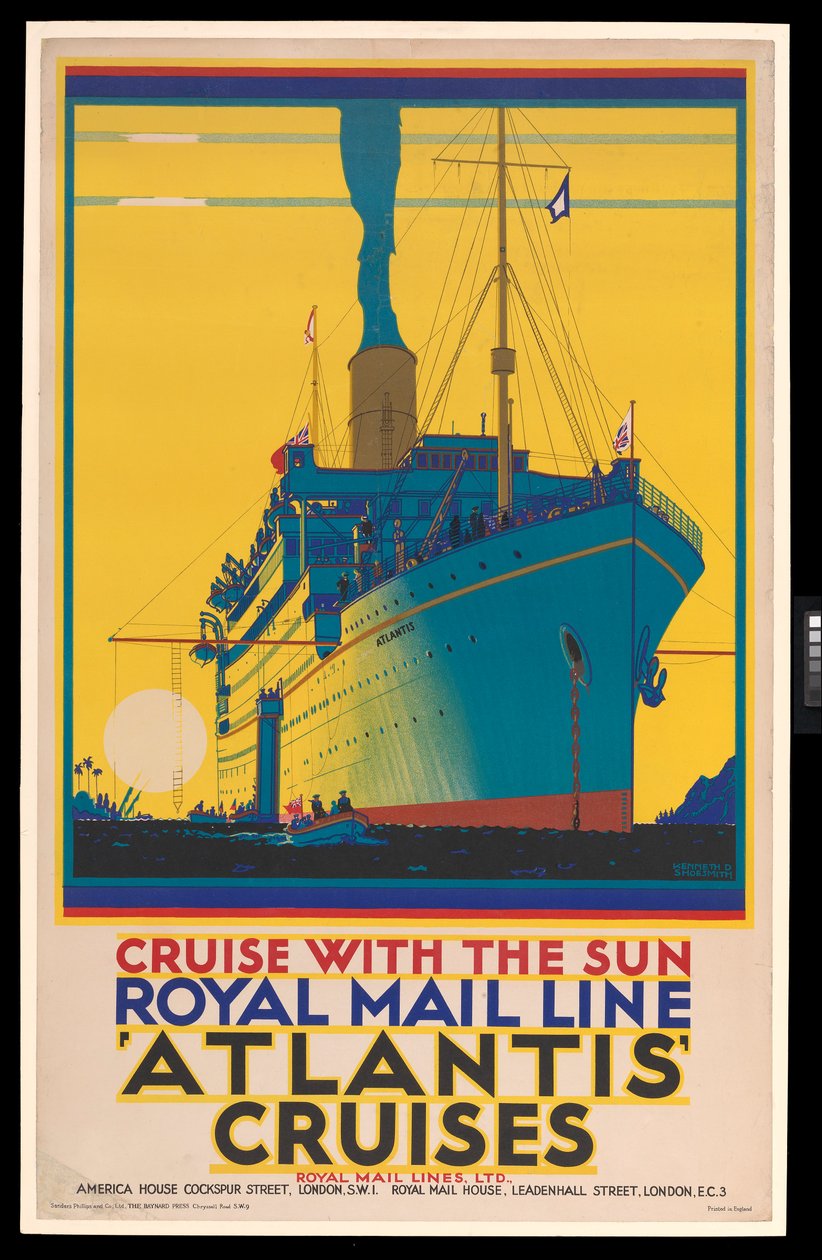 Affisch för kryssningsfartyg: Royal Mail Line, Atlantic Cruises, "Cruise with the Sun". ca 1930 (affisch) av Kenneth Shoesmith