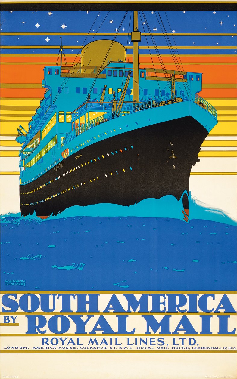 Affisch som annonserar Sydamerika av Royal Mail Lines (färglitografi) av Kenneth Shoesmith