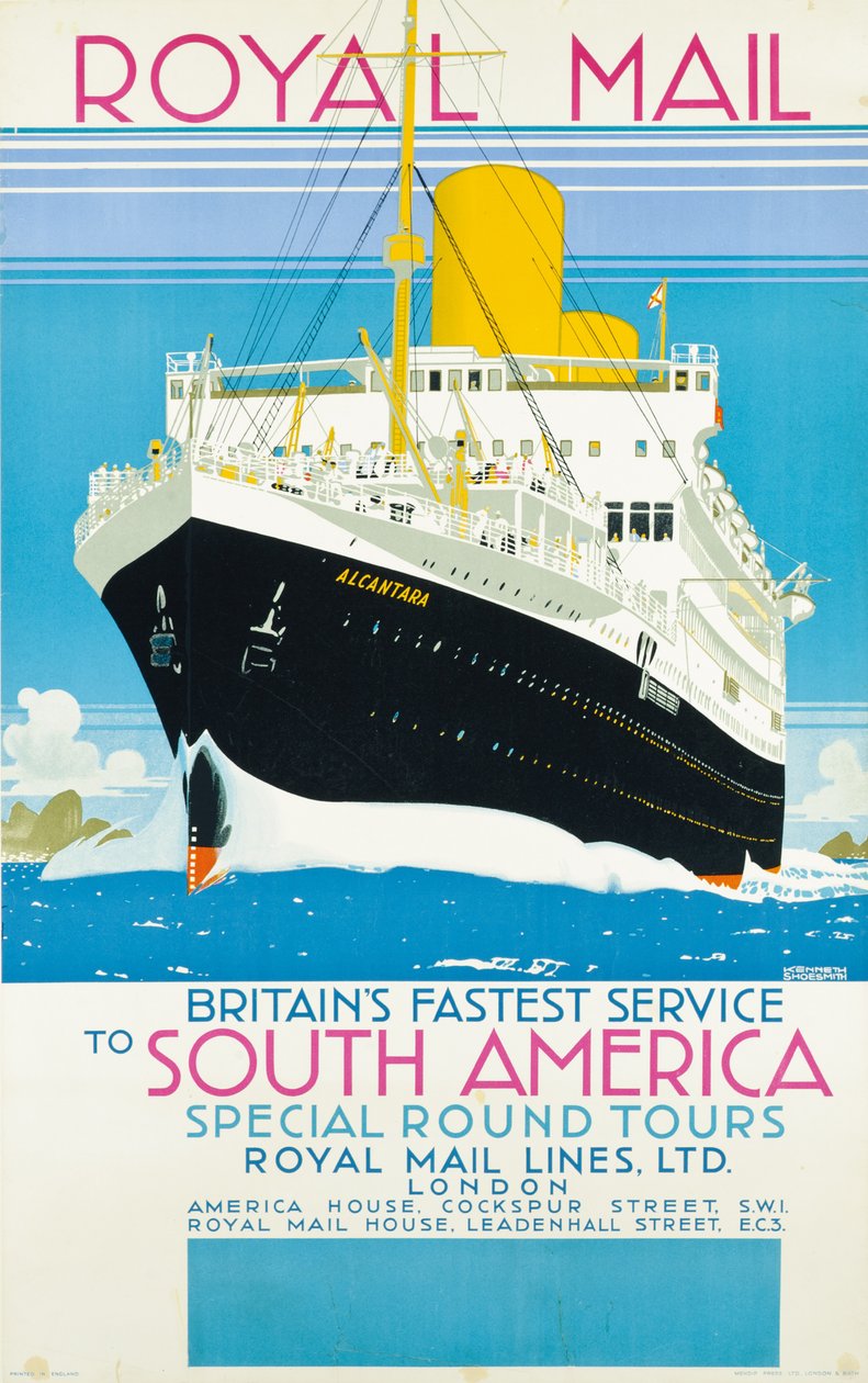 Affisch som annonserar Royal Mail-tjänsten till Sydamerika, ca 1930 (färglitografi) av Kenneth Shoesmith