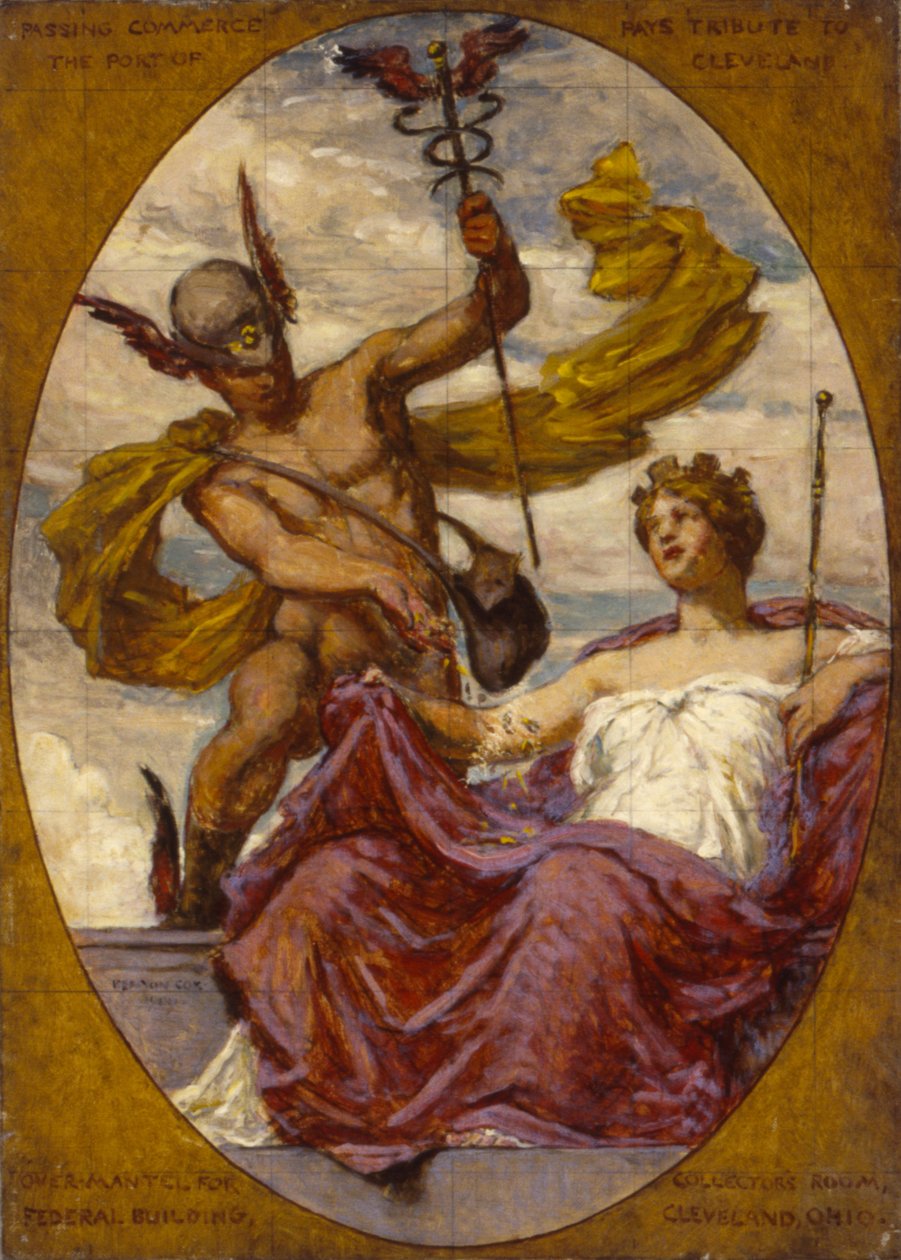 Studera för väggmålning vid U.S. Custom House, Cleveland, OH, Passing Commerce Pays Tribute to the..., 1909 av Kenyon Cox