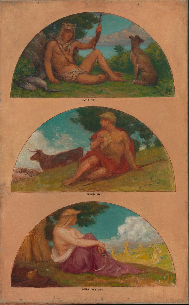 Civilisationens framsteg: Jakt, boskapsskötsel, jordbruk (väggmålning, State Capitol, Des Moines, Iowa) av Kenyon Cox