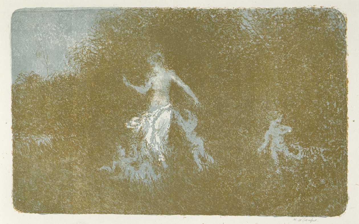 Amour jouant aupres dune nymphe (Kärlek att leka med en nymf), ca. 1900 (litografi i färger) av Ker Xavier Roussel