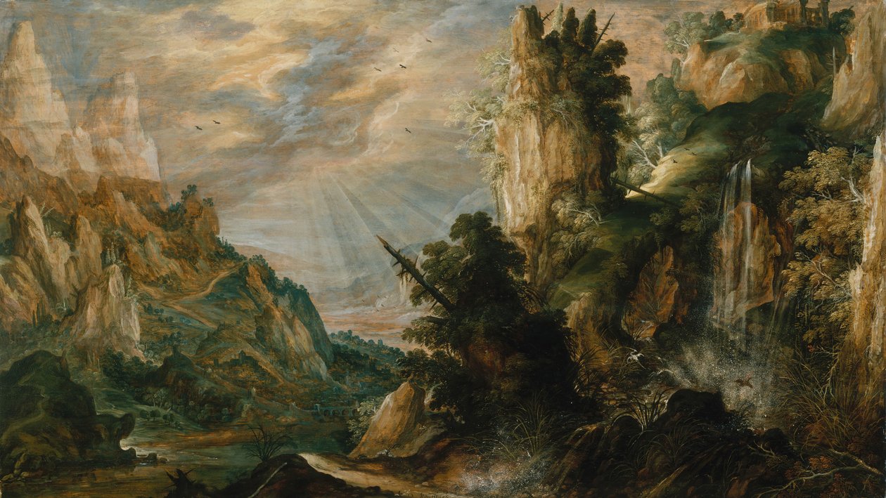 Ett bergigt landskap med ett vattenfall, ca. 1600. av Kerstiaen de Keuninck