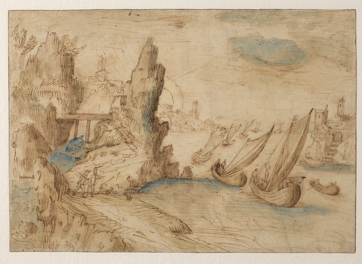 Fantasifullt kustlandskap med fiskefartyg, 1575-1633 av Kerstiaen de Keuninck