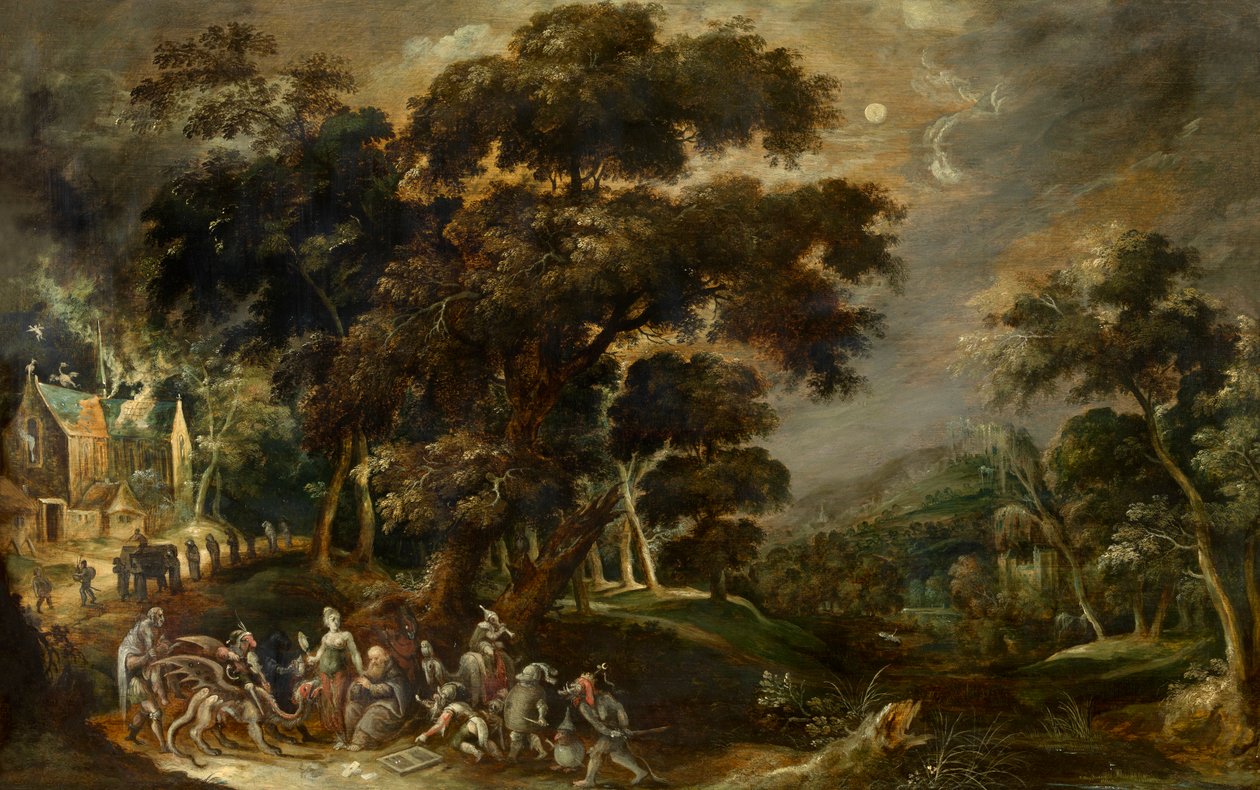 Landskap med frestelsen av Sankt Antonius den store av Egypten (olja på panel) av Kerstiaen de Keuninck
