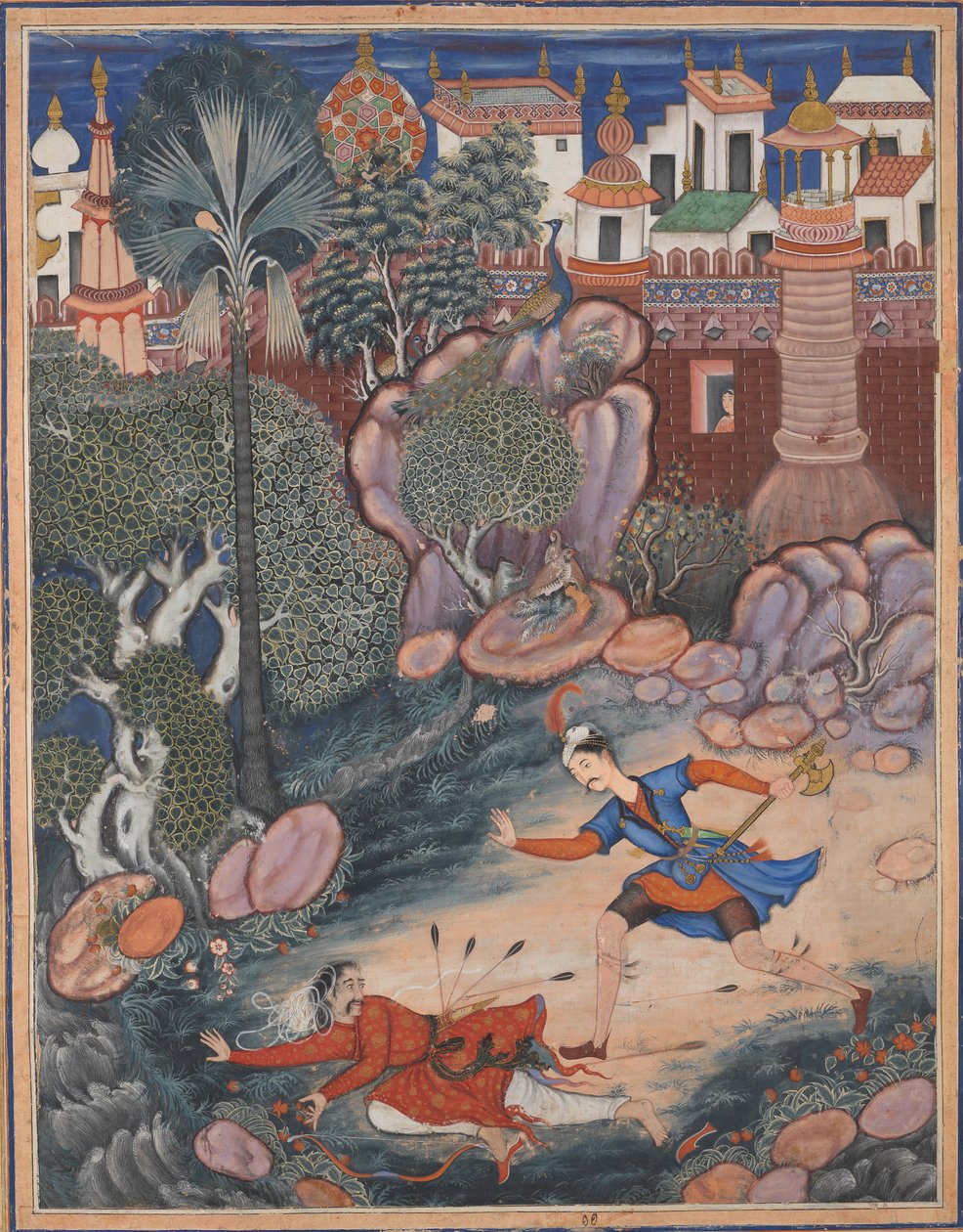 Umar går runt Fulad Castle, möter en fotsoldat och sparkar honom till marken..., ca. 1570. av Kesav Das