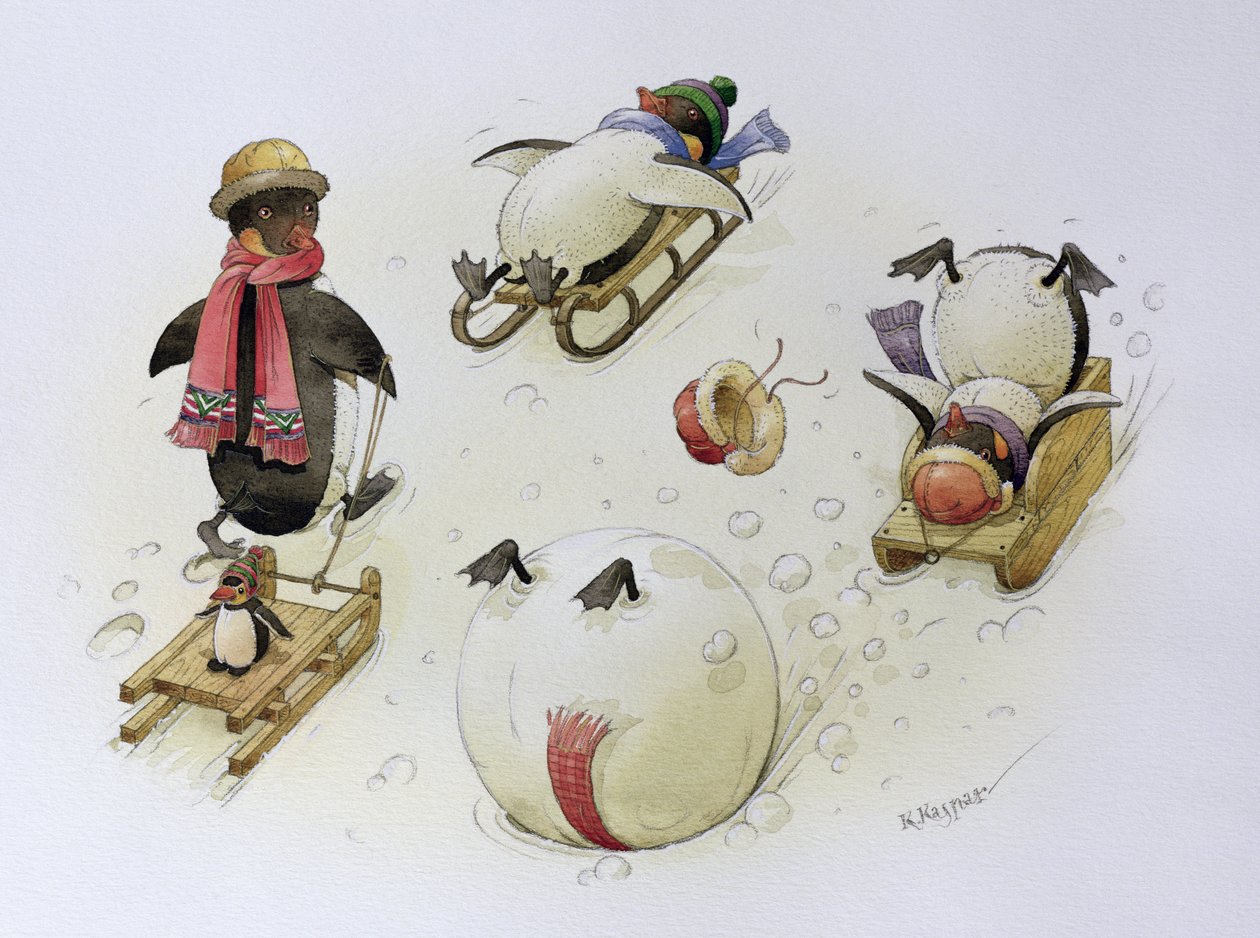 Penguins Sledging, 1999 (wc på papper) av Kestutis Kasparavicius
