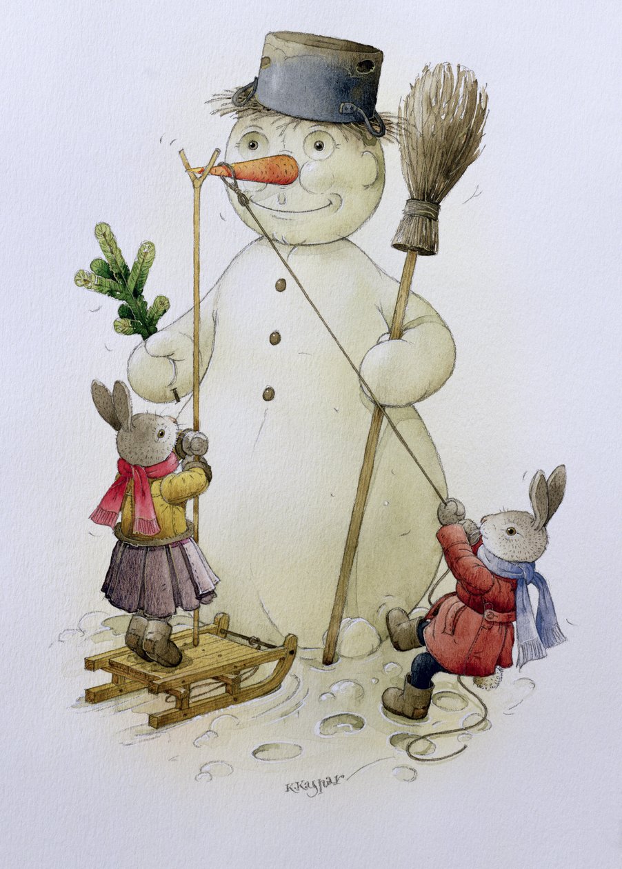 Snowman and Hares, 1999 (wc på papper) av Kestutis Kasparavicius