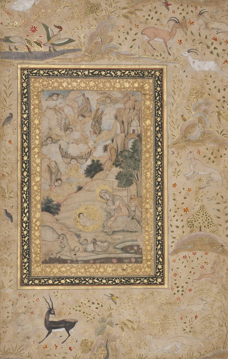 Jungfru Maria älskar Kristusbarnet, ca 1620-30 (ogenomskinlig wc & guld på papper) av Kesu Das