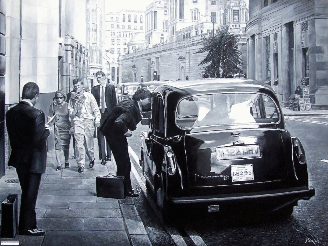 Taxiuthyrning, 2008 (oljor) av Kevin Guild of Railway Artist Parrish