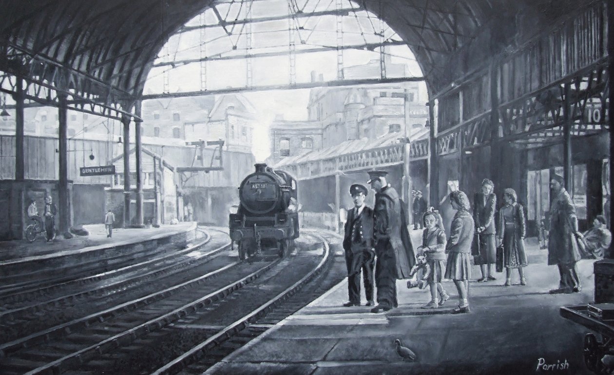 Waiting for the Train, 2008 (oljor) av Kevin Guild of Railway Artist Parrish