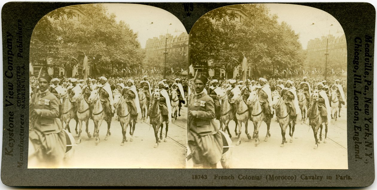 Horizontal, sepia, stereocard showing uniformed men on horseback marching in a parade. Keystone Stereograph number 18743. The title reads av Keystone View Company