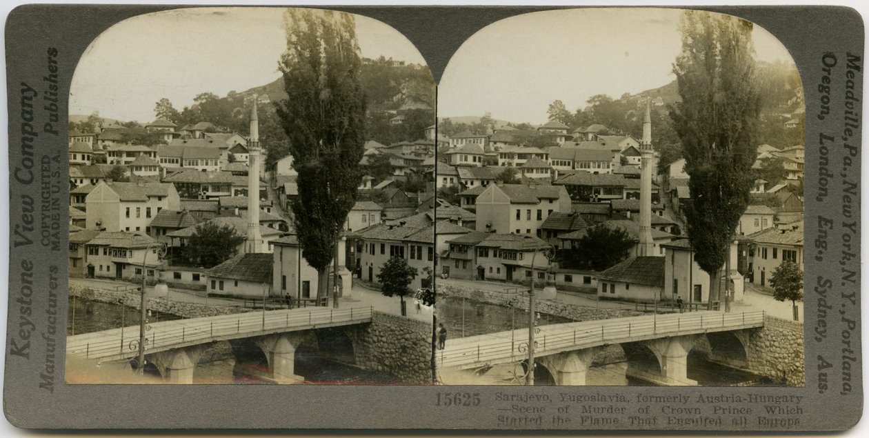 Horizontal, sepia stereocard showing view of Sarajevo, Bosnia and Herzegovina. In the foreground is a bridge spanning a river, and various buildings can be seen in the background. Keystone Stereograph number 15625. The title reads av Keystone View Company