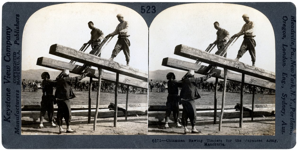 Kinesiska män sågar timmer för den japanska armén, Manchuriet, rysk-japanska kriget, 1904-1905. av Keystone View Company