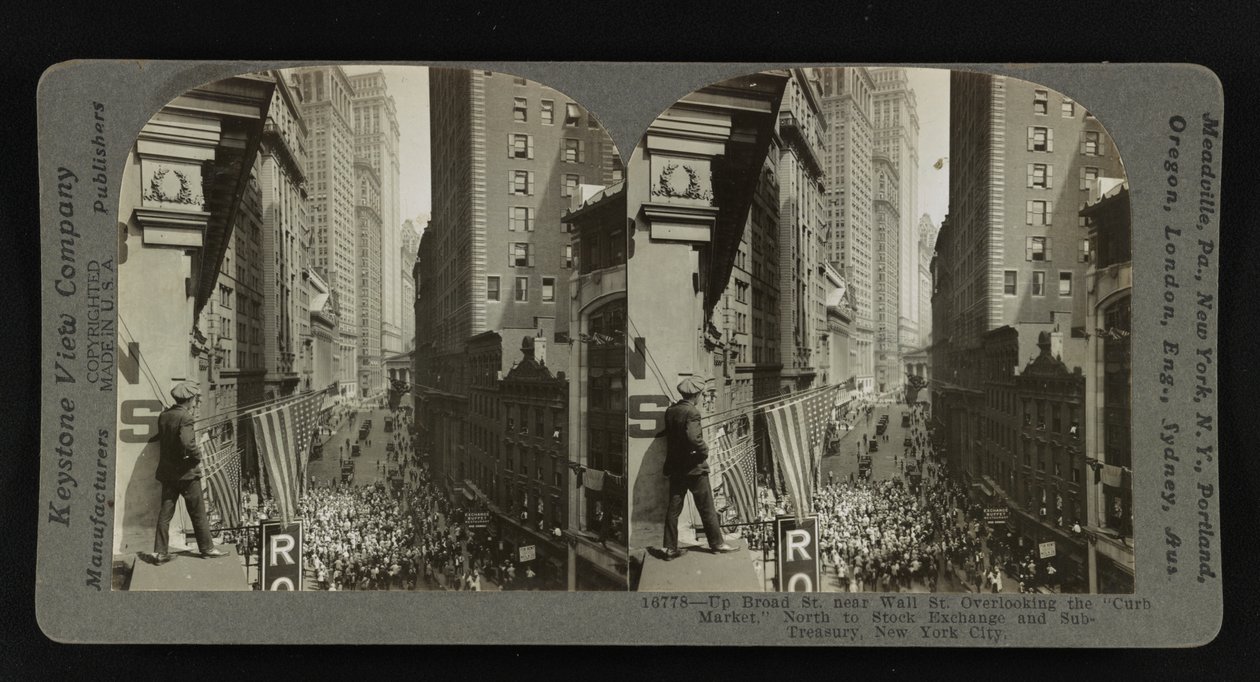 Up Broad St. near Wall St., med utsikt över "Curb Market", norrut till Stock Exchange och Sub-Treasury, New York City av Keystone View Company