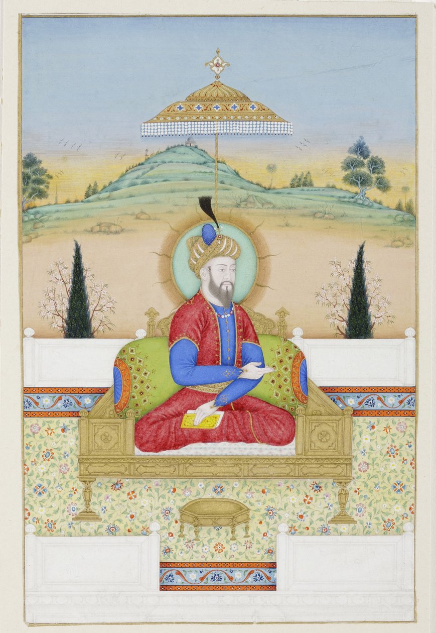 Babur tronar, ca 1720 (ogenomskinlig wc och guld på papper) av Khair Ullah