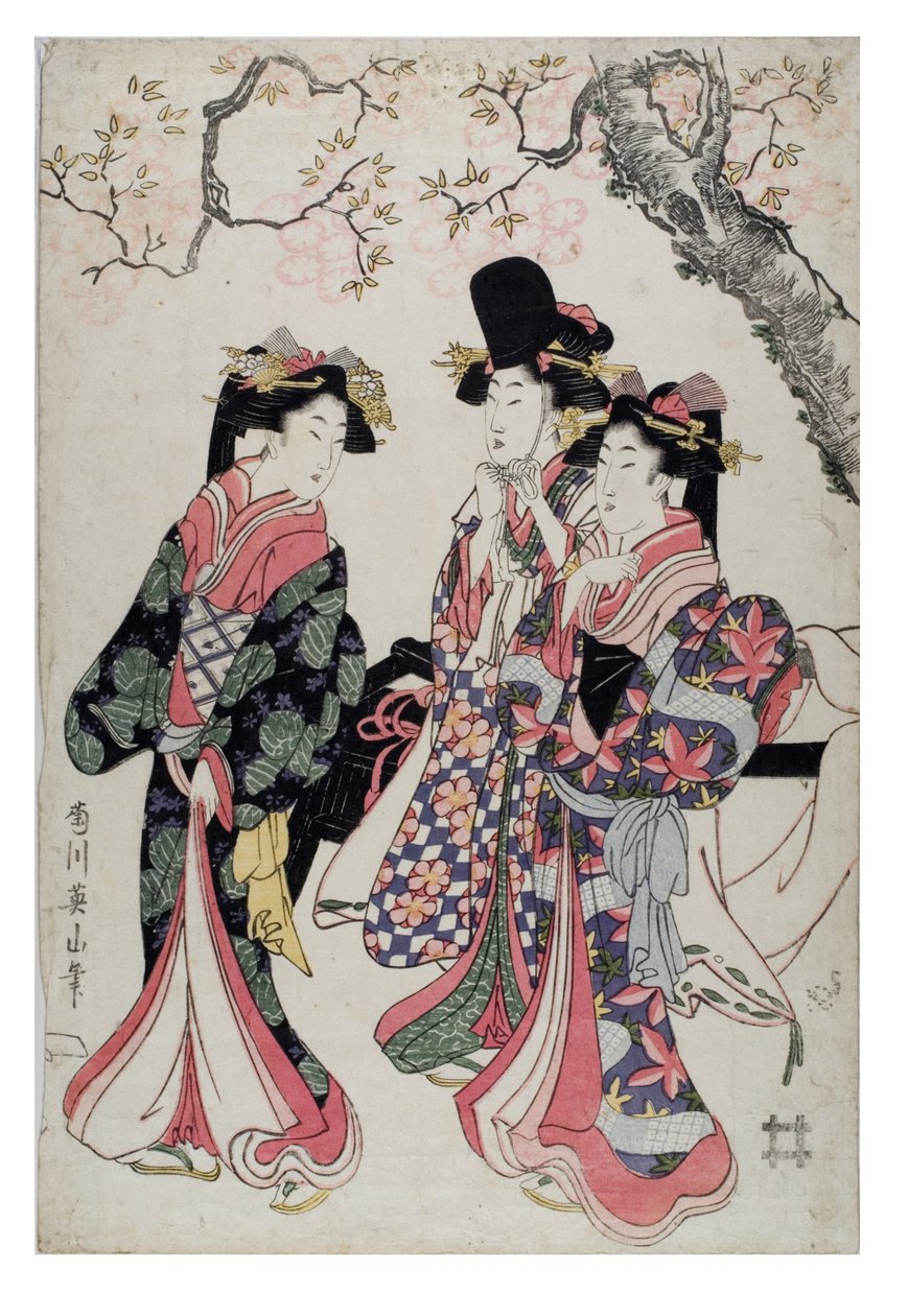 Tre kurtisaner går under ett blommande körsbärsträd. Klädda i hovdräkt, ca 1790-1815 (träsnitt på papper) av Kikugawa Eizen